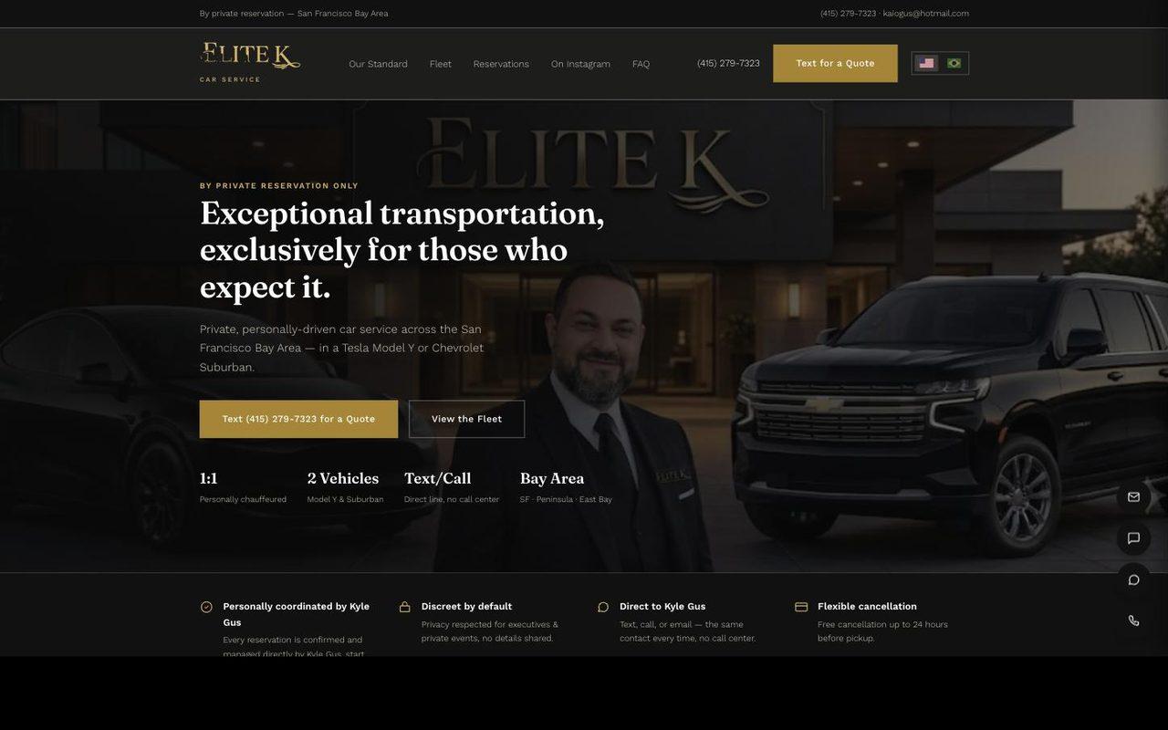Elite Kar Service: Uma presença digital sofisticada para um serviço executivo de motorista particular na Bay Area, disponível exclusivamente mediante reserva.